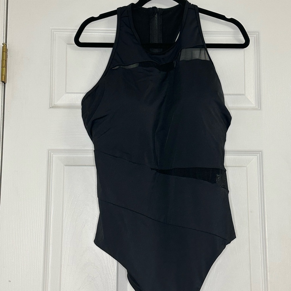 Black One Piece Swimsuit Mesh Insets Zipper Back Sleeveless
